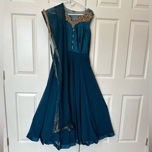 Blue Gown with Mesh and Gold Detailing